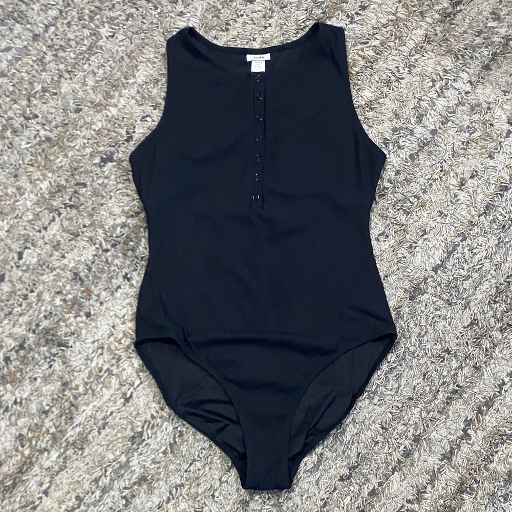Andie womens The Malibu One Piece Black ribbed long torso swimsuit sz large